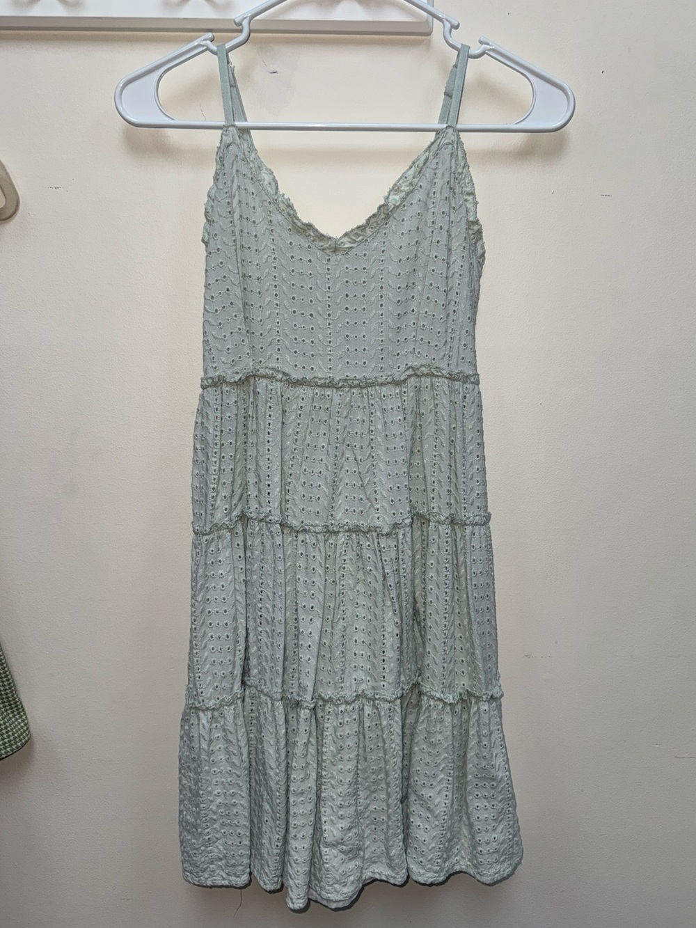 Sleeveless Eyelet Tiered Mini Dress in Light Sage